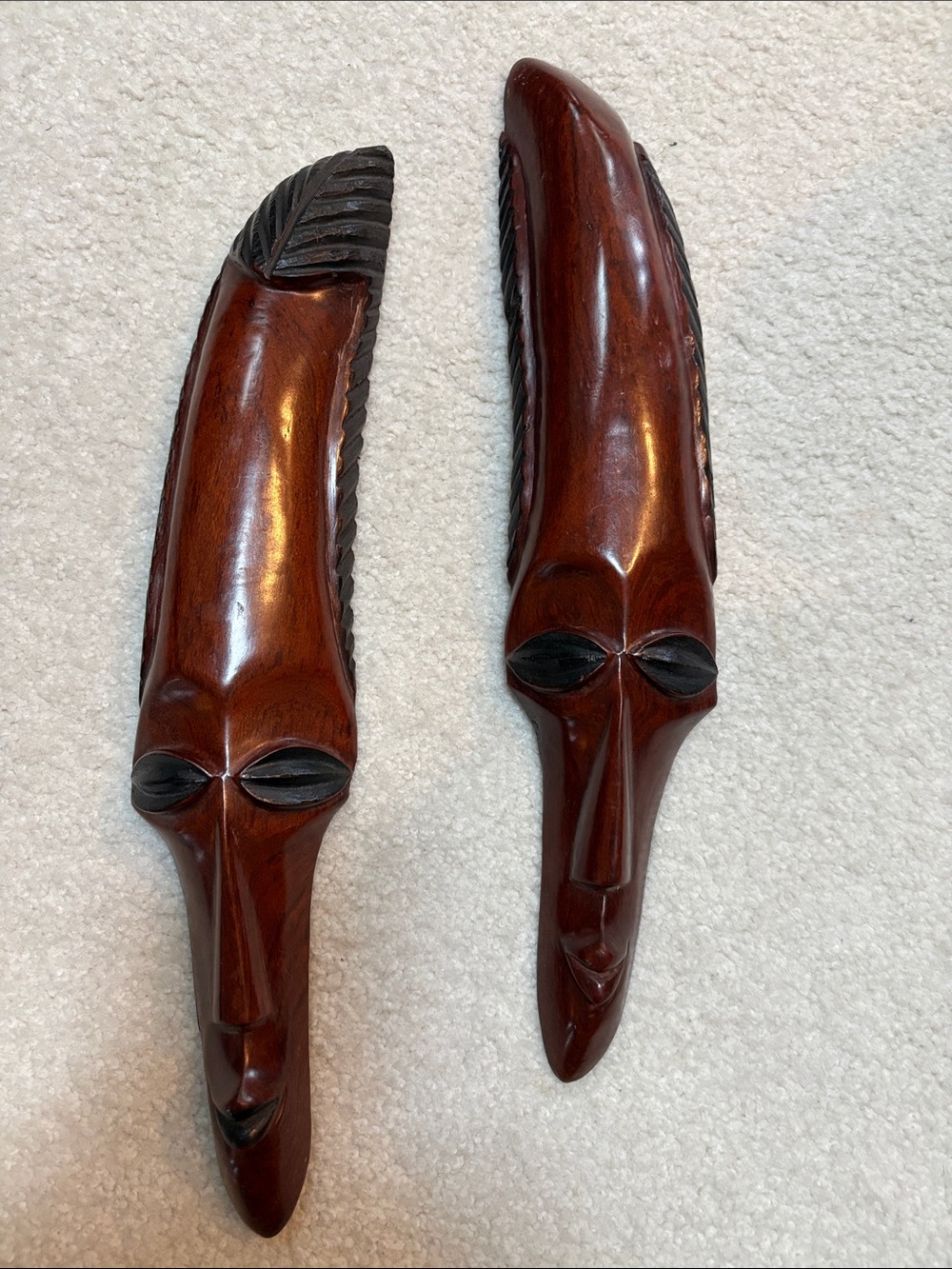 Hand-Carved Brown Wood Tribal Face Masks Sculpture